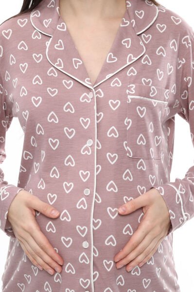 Likapa Penye Önden Düğmeli Hamile Lohusa UZUN KOL PİJAMA TAKIMI Kahve Büyük Kalpli - 2XL