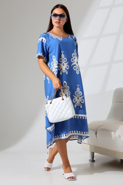 LİKAPASHOP VİSKON KISA KOL ELBİSE 2726 MAVİ ŞAL - XL