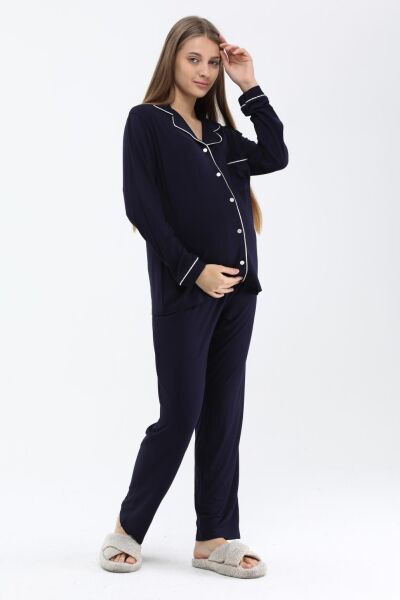 Likapa Önden Düğmeli Hamile Lohusa MEVSİMLİK UZUN KOL PİJAMA TAKIMI LACİVERT - L