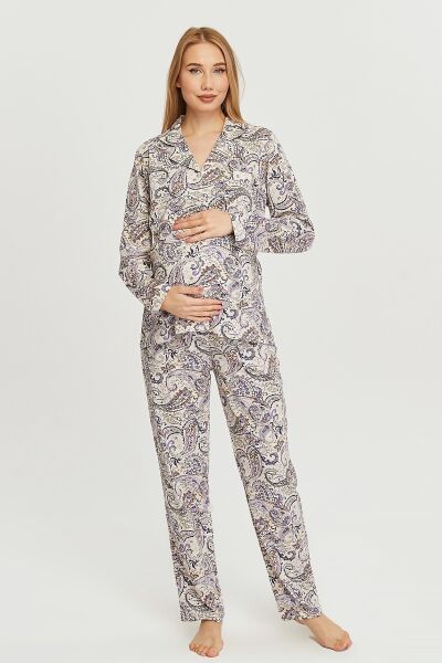 Likapa Penye Önden Düğmeli Hamile Lohusa UZUN KOL PİJAMA TAKIMI ŞAL DESEN - L