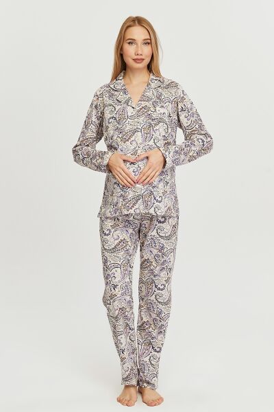 Likapa Penye Önden Düğmeli Hamile Lohusa UZUN KOL PİJAMA TAKIMI ŞAL DESEN - L