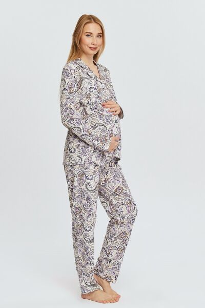 Likapa Penye Önden Düğmeli Hamile Lohusa UZUN KOL PİJAMA TAKIMI ŞAL DESEN - XL