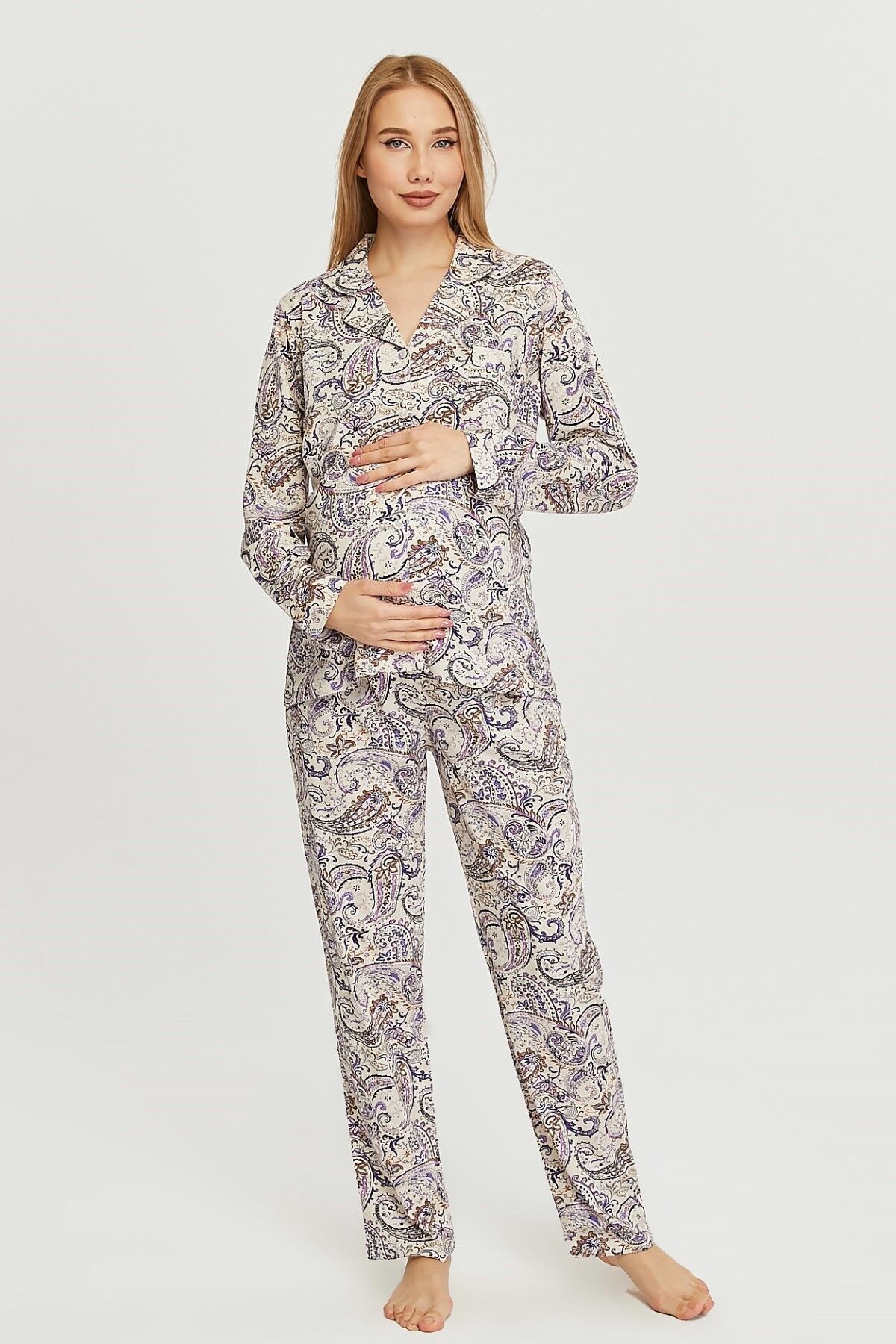 Likapa Penye Önden Düğmeli Hamile Lohusa UZUN KOL PİJAMA TAKIMI ŞAL DESEN - 2XL