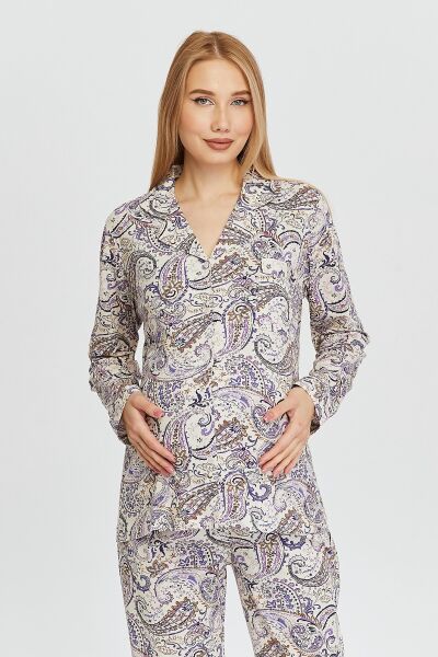 Likapa Penye Önden Düğmeli Hamile Lohusa UZUN KOL PİJAMA TAKIMI ŞAL DESEN - 2XL