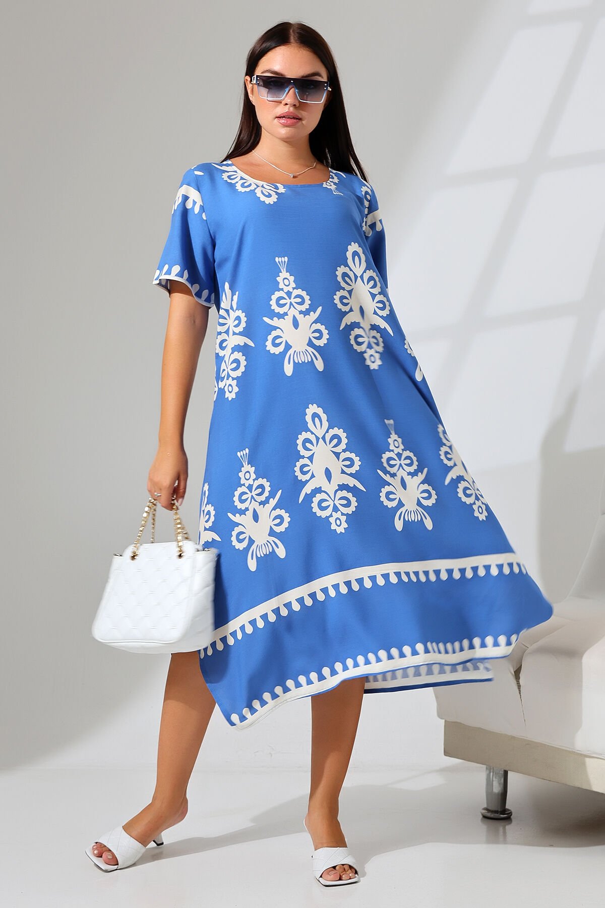 LİKAPASHOP VİSKON KISA KOL ELBİSE 2726 MAVİ ŞAL - 4XL