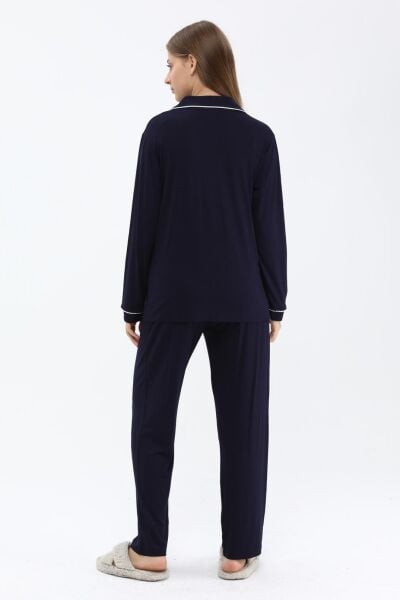 Likapa Önden Düğmeli Hamile Lohusa MEVSİMLİK UZUN KOL PİJAMA TAKIMI LACİVERT - 3XL