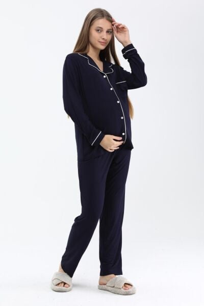 Likapa Önden Düğmeli Hamile Lohusa MEVSİMLİK UZUN KOL PİJAMA TAKIMI LACİVERT - 3XL