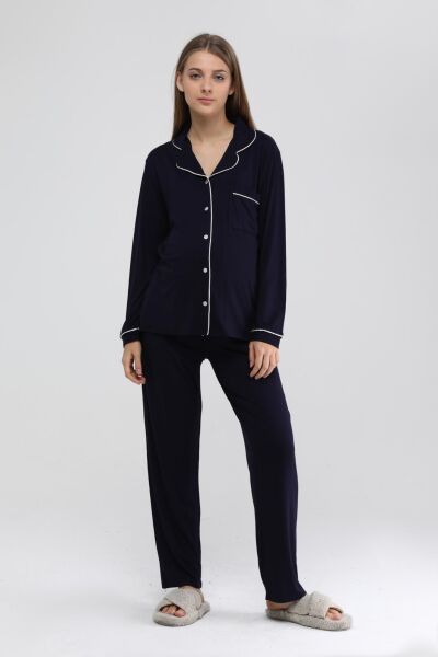 Likapa Önden Düğmeli Hamile Lohusa MEVSİMLİK UZUN KOL PİJAMA TAKIMI LACİVERT - 3XL