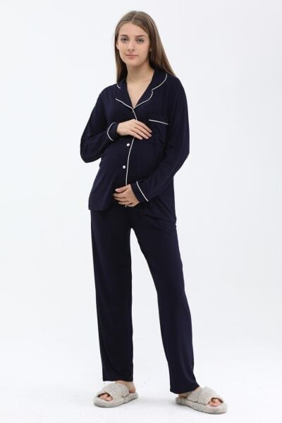 Likapa Önden Düğmeli Hamile Lohusa MEVSİMLİK UZUN KOL PİJAMA TAKIMI LACİVERT - 3XL