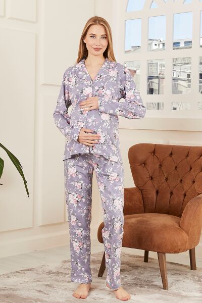 Likapa Penye Önden Düğmeli Hamile Lohusa UZUN KOL PİJAMA TAKIMI Lila Çiçek - M