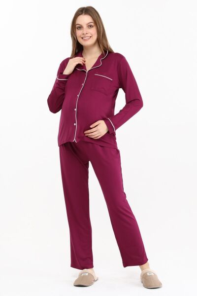 Likapa Önden Düğmeli Hamile Lohusa MEVSİMLİK UZUN KOL PİJAMA TAKIMI Bordo - M