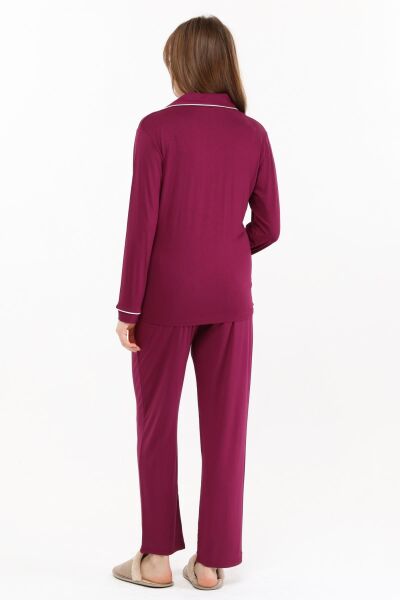 Likapa Önden Düğmeli Hamile Lohusa MEVSİMLİK UZUN KOL PİJAMA TAKIMI Bordo - M