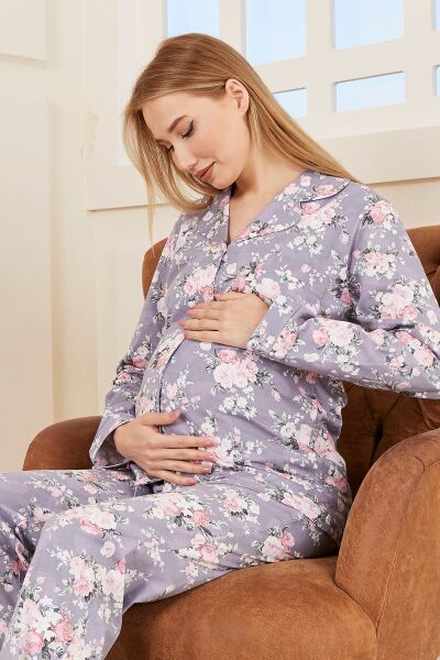 Likapa Penye Önden Düğmeli Hamile Lohusa UZUN KOL PİJAMA TAKIMI Lila Çiçek - L