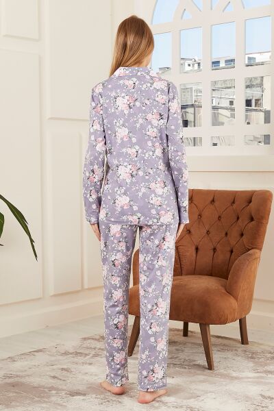 Likapa Penye Önden Düğmeli Hamile Lohusa UZUN KOL PİJAMA TAKIMI Lila Çiçek - L