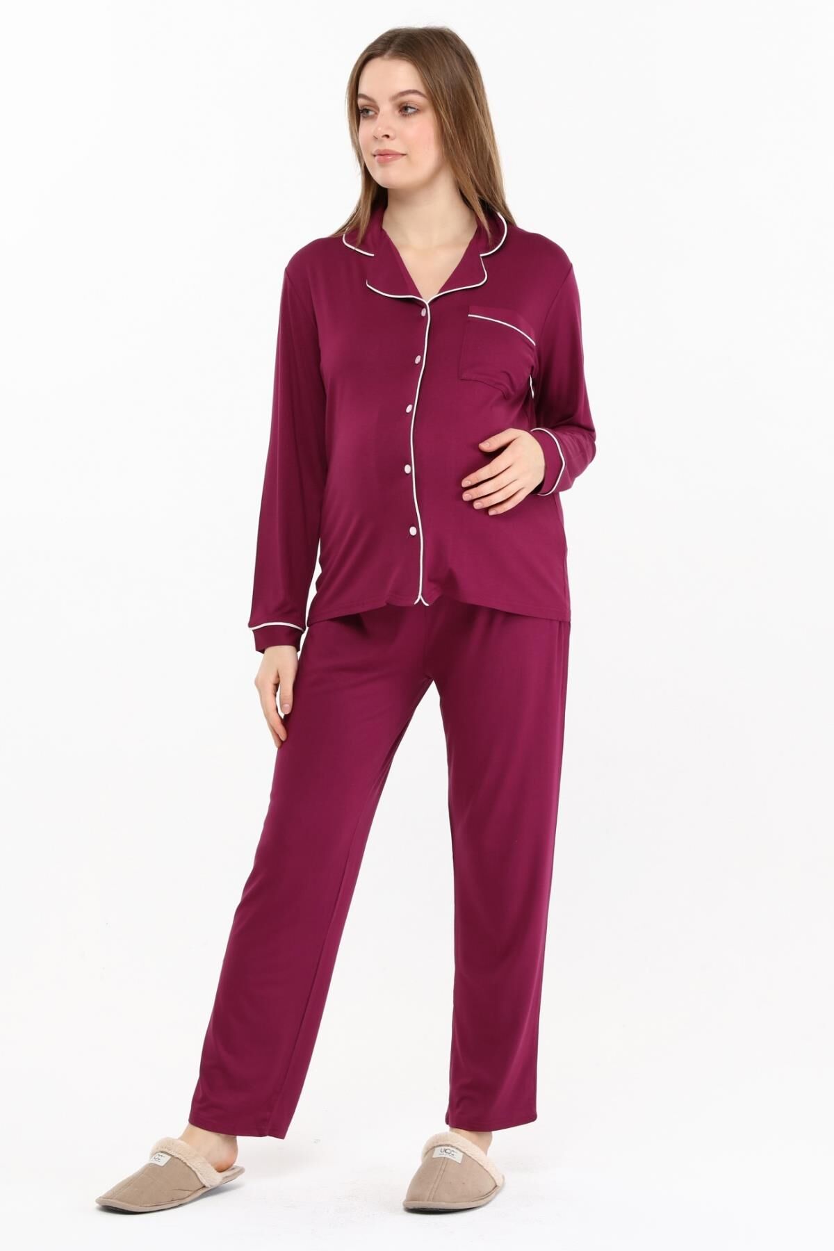 Likapa Önden Düğmeli Hamile Lohusa MEVSİMLİK UZUN KOL PİJAMA TAKIMI Bordo - L