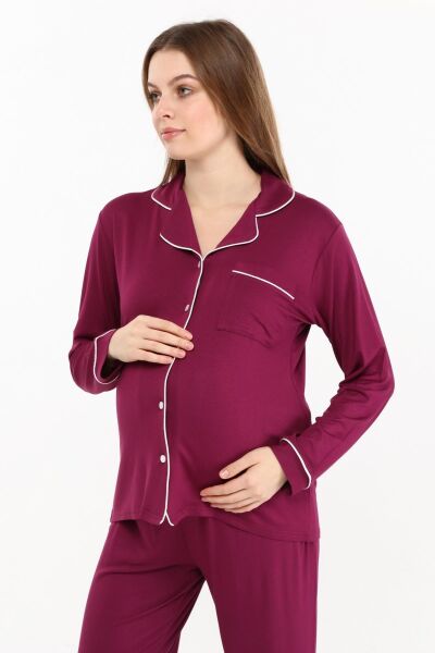 Likapa Önden Düğmeli Hamile Lohusa MEVSİMLİK UZUN KOL PİJAMA TAKIMI Bordo - XL
