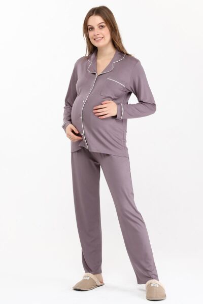 Likapa Önden Düğmeli Hamile Lohusa MEVSİMLİK UZUN KOL PİJAMA TAKIMI LİLA - M