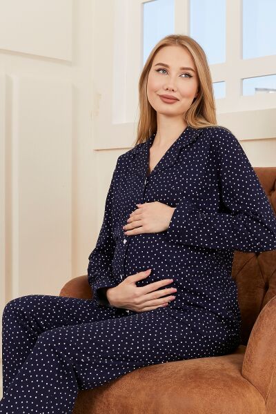 Likapa Penye Önden Düğmeli Hamile Lohusa UZUN KOL PİJAMA TAKIMI Lacivert Puanlı - L