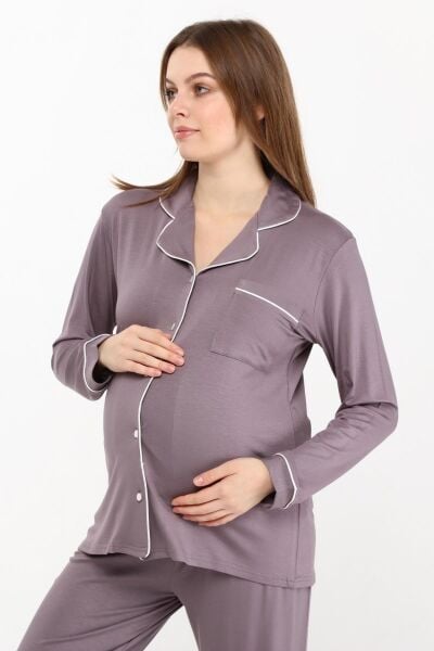 Likapa Önden Düğmeli Hamile Lohusa MEVSİMLİK UZUN KOL PİJAMA TAKIMI LİLA - L