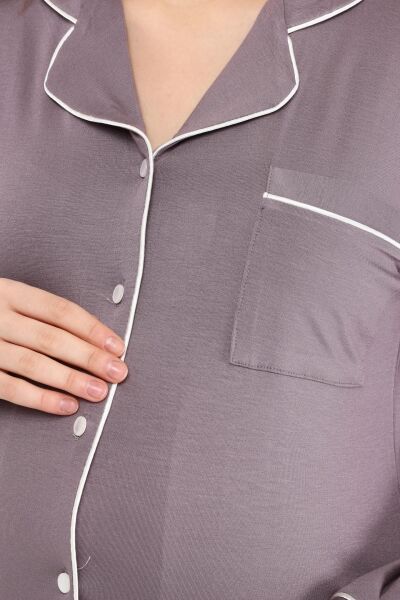Likapa Önden Düğmeli Hamile Lohusa MEVSİMLİK UZUN KOL PİJAMA TAKIMI LİLA - L
