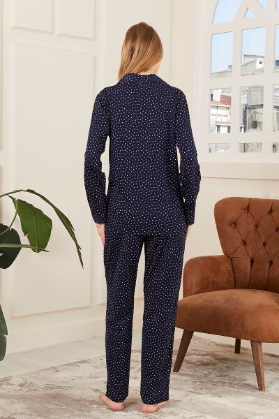 Likapa Penye Önden Düğmeli Hamile Lohusa UZUN KOL PİJAMA TAKIMI Lacivert Puanlı - XL