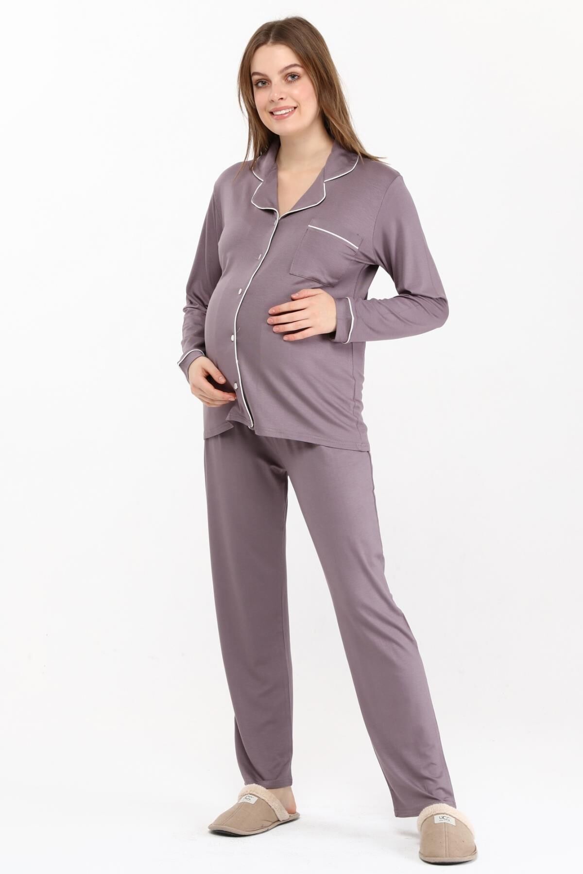 Likapa Önden Düğmeli Hamile Lohusa MEVSİMLİK UZUN KOL PİJAMA TAKIMI LİLA - XL