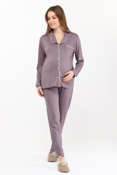 Likapa Önden Düğmeli Hamile Lohusa MEVSİMLİK UZUN KOL PİJAMA TAKIMI LİLA - XL