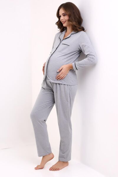 Likapa Penye Önden Düğmeli Hamile Lohusa UZUN KOL PİJAMA TAKIMI gri siyah biyeli - M