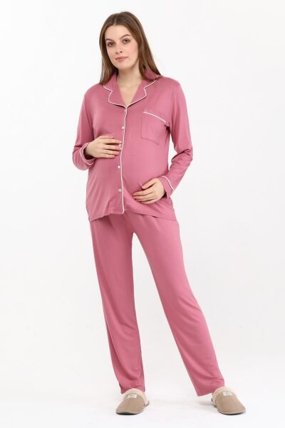 Likapa Önden Düğmeli Hamile Lohusa MEVSİMLİK UZUN KOL PİJAMA TAKIMI Gül Kurusu - M