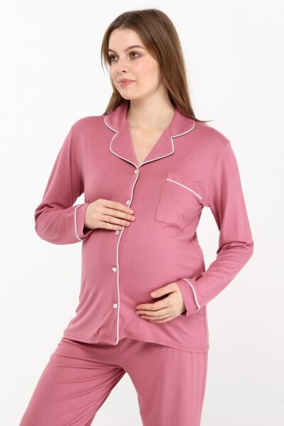 Likapa Önden Düğmeli Hamile Lohusa MEVSİMLİK UZUN KOL PİJAMA TAKIMI Gül Kurusu - L