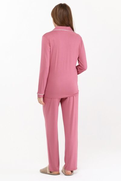 Likapa Önden Düğmeli Hamile Lohusa MEVSİMLİK UZUN KOL PİJAMA TAKIMI Gül Kurusu - L