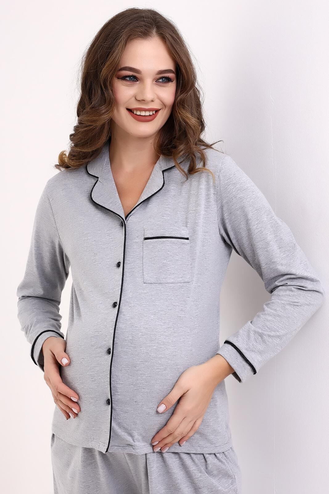 Likapa Penye Önden Düğmeli Hamile Lohusa UZUN KOL PİJAMA TAKIMI gri siyah biyeli - XL