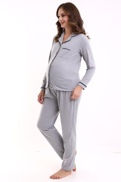 Likapa Penye Önden Düğmeli Hamile Lohusa UZUN KOL PİJAMA TAKIMI gri siyah biyeli - 2XL
