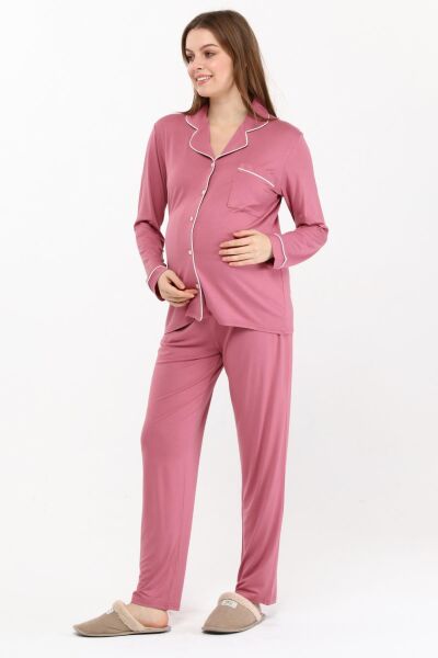 Likapa Önden Düğmeli Hamile Lohusa MEVSİMLİK UZUN KOL PİJAMA TAKIMI Gül Kurusu - 2XL
