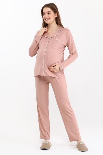 Likapa Önden Düğmeli Hamile Lohusa MEVSİMLİK UZUN KOL PİJAMA TAKIMI SOMON - M