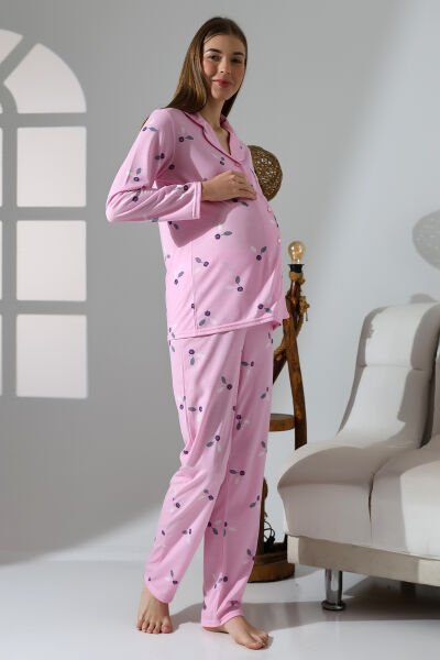 Likapa Penye Önden Düğmeli Hamile Lohusa UZUN KOL PİJAMA TAKIMI Pembe Küçük Çiçekli - L