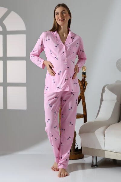 Likapa Penye Önden Düğmeli Hamile Lohusa UZUN KOL PİJAMA TAKIMI Pembe Küçük Çiçekli - L