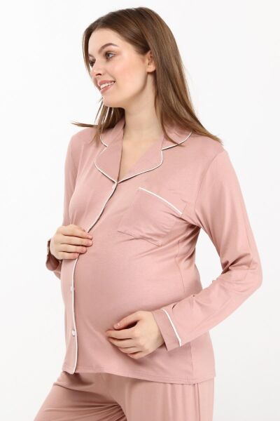 Likapa Önden Düğmeli Hamile Lohusa MEVSİMLİK UZUN KOL PİJAMA TAKIMI SOMON - L