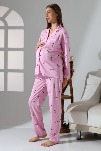 Likapa Penye Önden Düğmeli Hamile Lohusa UZUN KOL PİJAMA TAKIMI Pembe Küçük Çiçekli - XL