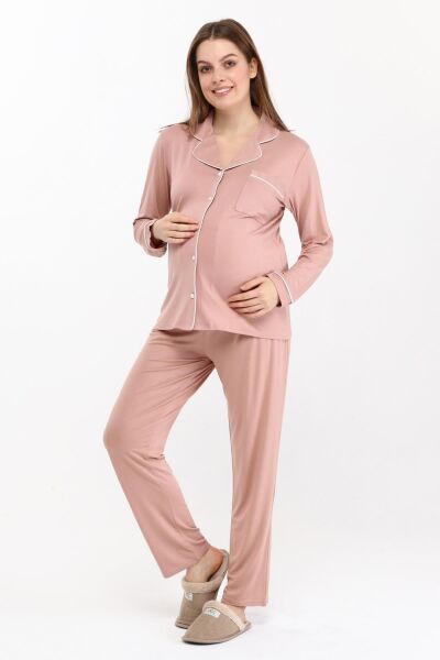 Likapa Önden Düğmeli Hamile Lohusa MEVSİMLİK UZUN KOL PİJAMA TAKIMI SOMON - XL