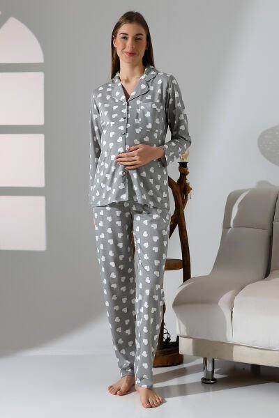Likapa Penye Önden Düğmeli Hamile Lohusa UZUN KOL PİJAMA TAKIMI Gri Kalpli  - M