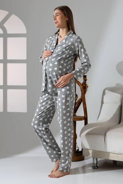 Likapa Penye Önden Düğmeli Hamile Lohusa UZUN KOL PİJAMA TAKIMI Gri Kalpli  - L