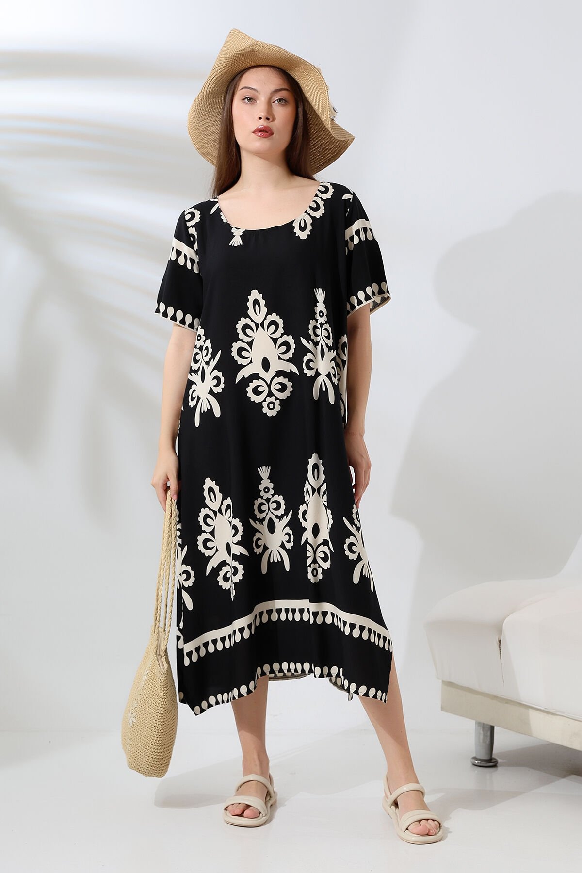 LİKAPASHOP VİSKON KISA KOL ELBİSE 2726 Siyah-Ekru - L