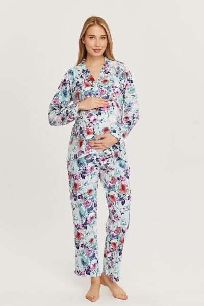 Likapa Penye Önden Düğmeli Hamile Lohusa UZUN KOL PİJAMA TAKIMI MAVİ ÇİÇEK - L