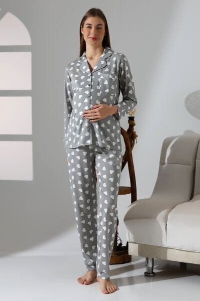 Likapa Penye Önden Düğmeli Hamile Lohusa UZUN KOL PİJAMA TAKIMI Gri Kalpli  - XL