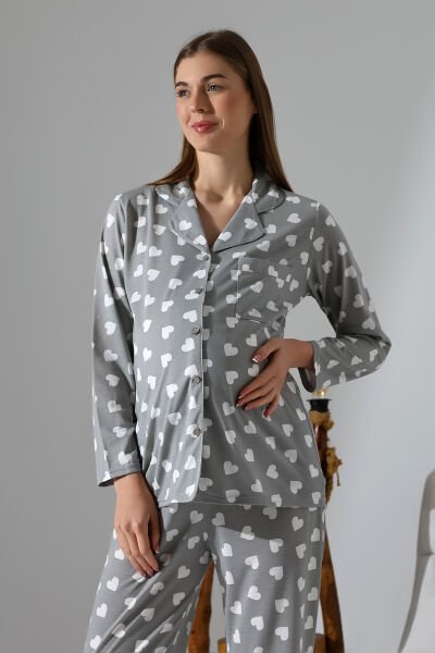 Likapa Penye Önden Düğmeli Hamile Lohusa UZUN KOL PİJAMA TAKIMI Gri Kalpli  - XL