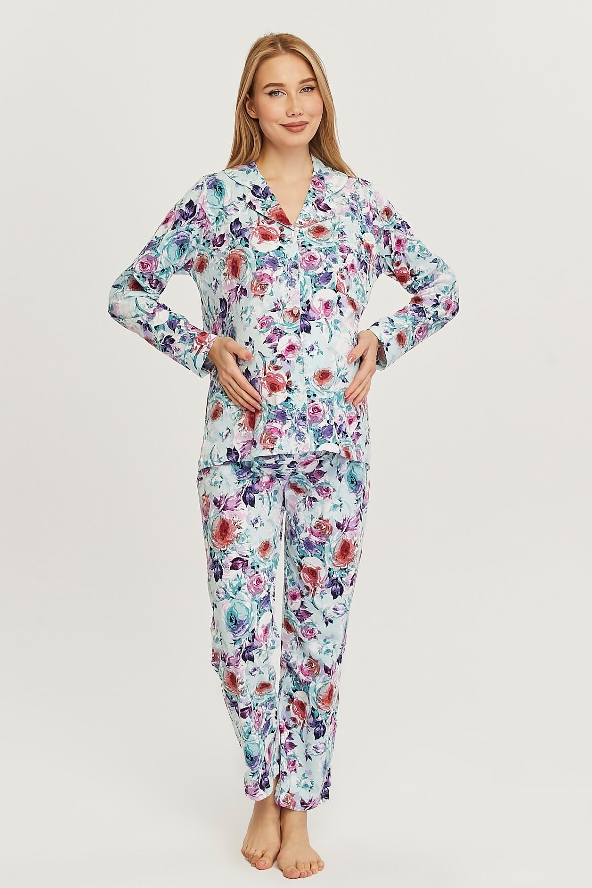 Likapa Penye Önden Düğmeli Hamile Lohusa UZUN KOL PİJAMA TAKIMI MAVİ ÇİÇEK - XL