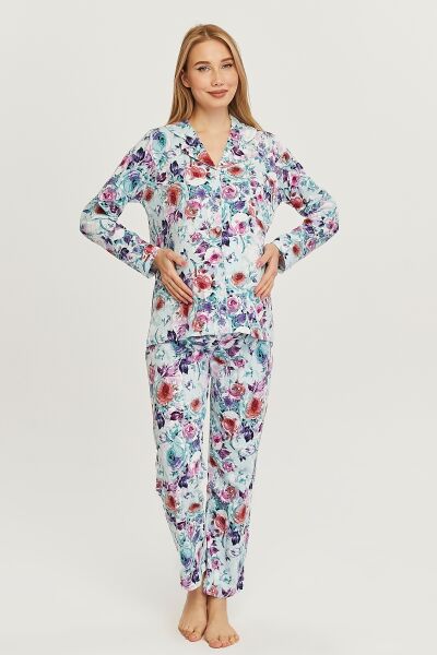 Likapa Penye Önden Düğmeli Hamile Lohusa UZUN KOL PİJAMA TAKIMI MAVİ ÇİÇEK - XL