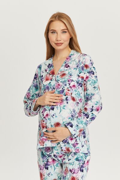 Likapa Penye Önden Düğmeli Hamile Lohusa UZUN KOL PİJAMA TAKIMI MAVİ ÇİÇEK - 2XL