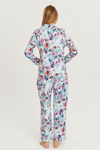 Likapa Penye Önden Düğmeli Hamile Lohusa UZUN KOL PİJAMA TAKIMI MAVİ ÇİÇEK - 2XL